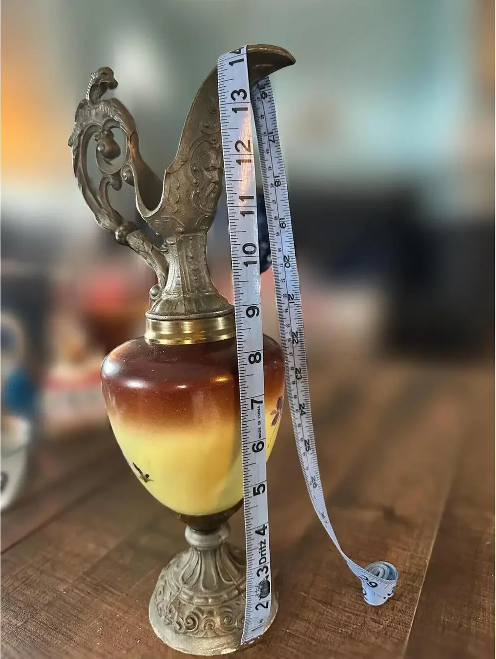 Vintage Hand-Painted Floral Metal-Top Urn Vase